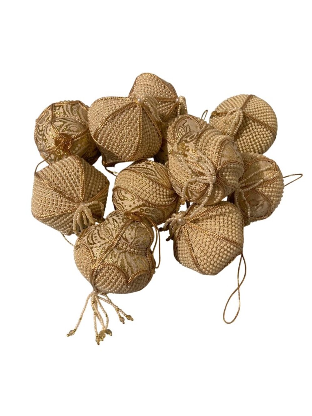 Victorian Style Gold & White Ornamental Beaded Christmas Ornaments Set Of 11